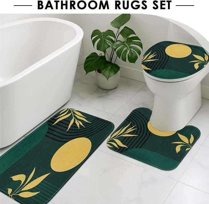 Boho Mid Century Shower Curtain Set with Toilet Lid Cover and Non-Slip Rugs, Abstract Geometric Dark Green 4 Pcs Modern Minimalist Shower Curtain for Bathroom Set with 12 Hooks