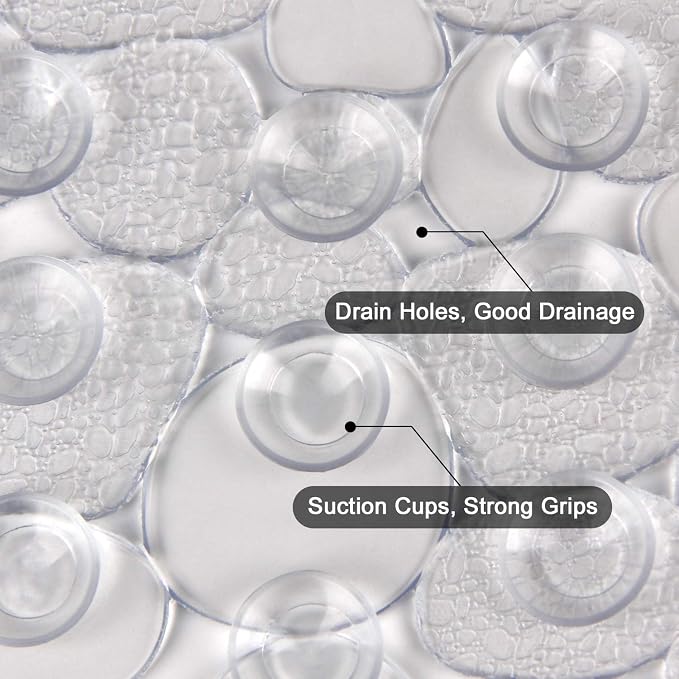 WELTRXE Pebbles Bath Mat Clear Non-Slip Bathtub Mat with Suction Cups, Drain Holes for Bathroom Showers, Tub, Machine Washable, BPA, Latex Free Safe Shower Mats, Oval 27 x 14 Inch