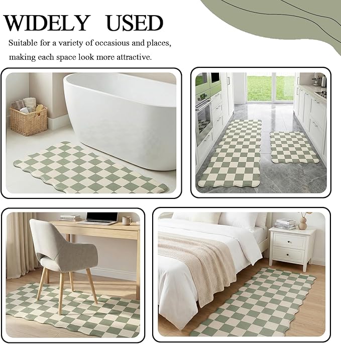 Scalloped Beige Sage Checkered Grid Checkerboard Kitchen Rug Sets [2 PCs], Anti-Fatigue, Waterproof Non-Slip Kitchen Mats Heavy Duty Comfort Foam Rug for Kitchen, Floor, Laundry,17"x29"+17"x47"