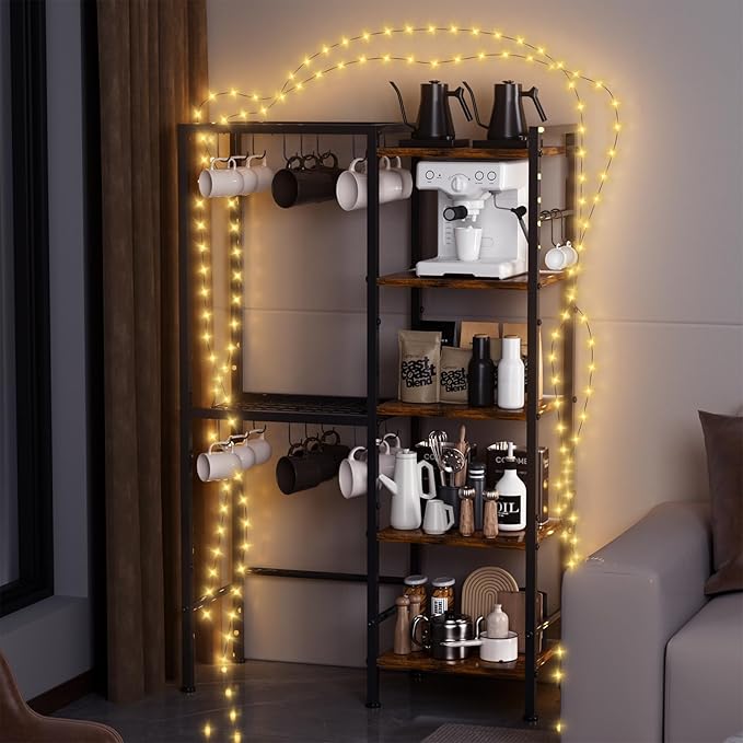 5-Tier Pot and Pan Organizer Rack with Hooks, Heavy-Duty Kitchen Storage Shelf for Cookware, Dishes, and Utensils, Freestanding Metal Pot Rack Organizer for Kitchen, Pantry, or Dining Room