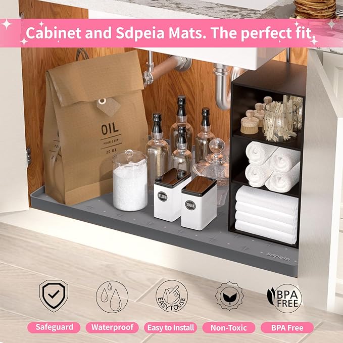 Sdpeia Under Sink Mat 31"×22" Waterproof Silicone Cabinet Liner & Sink Protector for Kitchen & Bathroom, Multi-Purpose Organizers Tray for Pets, Laundry, Cat Litter Mat,Gray