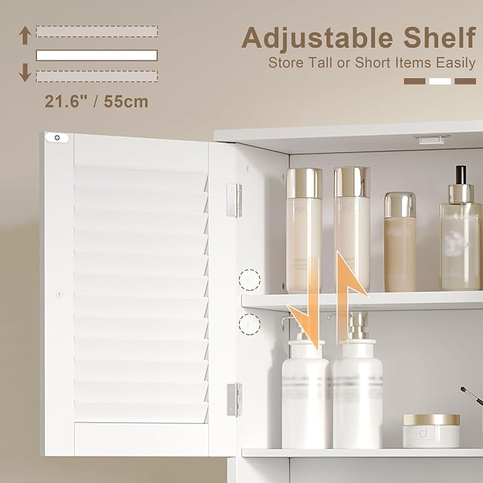 ChooChoo Medicine Cabinet with Towels Bar, 23.6" L x 8.8" W x 29.5" H MDF Material Bathroom Wall Cabinet, 2 Doors Over The Toilet Space Saver Storage Cabinet with Large Space, White