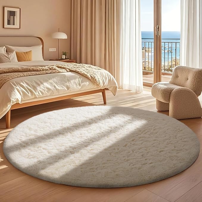 Ophanie Round Rugs 5Ft Ivory Circle Area Rug Washable, Nursery Living Room Decor Aesthetic Bedroom Home Circular Carpet 5 Foot, Fluffy Fuzzy Shag Plush Cream Rugs for Kids Boys Girls Teen Baby
