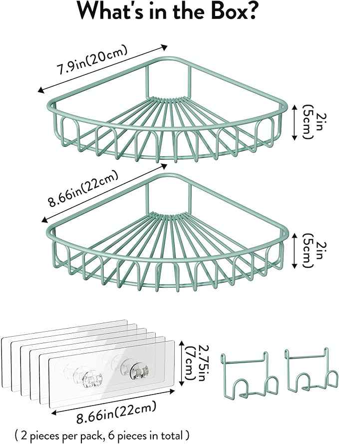 Orimade Corner Shower Caddy with 2 Hooks Wall Mounted Metal Bathroom Shelf Storage Organizer Adhesive No Drilling 2 Pack, Blue Only for 90-Degree Corner