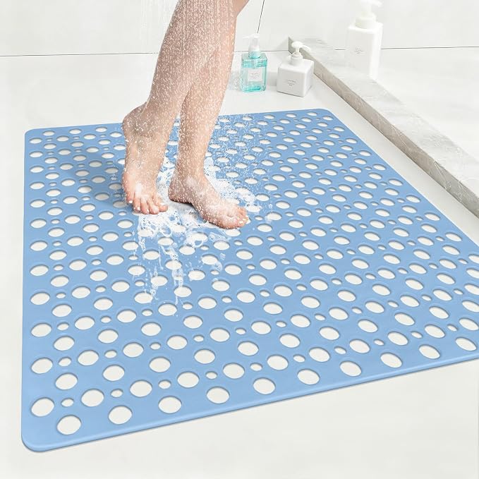 Anti Slip Shower Mat with Suction Cups,27x27 Inch Quick Drain TPE Non Slip Shower Mats for Inside Shower,Large Bath Mat for Shower Soft on Feet, Easy to Dry&Cut Machine Washable