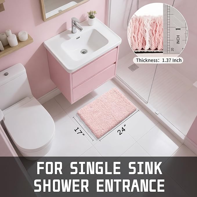 Yimobra Light Pink and White Bathroom Rugs Non Slip Washable, Ultra Soft and Water Absorbent Bath Mats, Plush Fluffy Shower Mat Outside, Microfiber Thick Matts for Bathroom Floor/Sink, 24x17