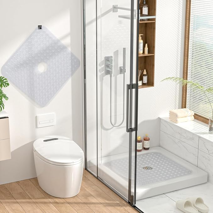 HITSLAM Shower Bathtub Mat Non Slip, 24"x 24" Bath Mat for Tub, Soft PVC Shower Mats for Inside Shower with Suction Cups and Center Drain Hole, Machine Washable Bathroom Floor Mat, Clear