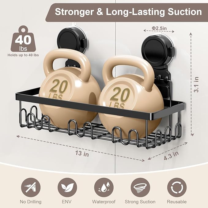 JOTPE Shower Caddy Suction Cup, Powerful Suction Storage Shelf Holds Up to 40 lbs, No Drilling Bathroom Organizer with Large Capacity, Removable & Reusable Shower Basket with Hooks, Rustproof, Black