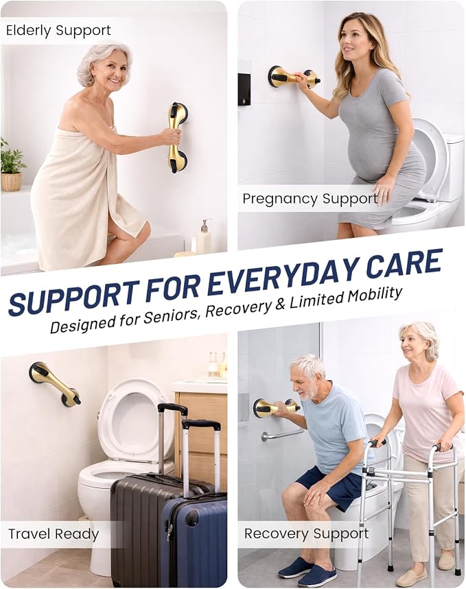 2 Pack Gel-Enhanced Suction Grab Bars for Seniors and Elderly, Heavy Duty Stable Grip Safety Bars for Bathtubs and Showers, No Drill Removable Bathroom Handles for Tub and Shower Support
