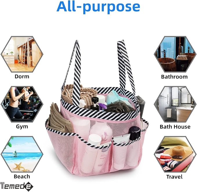 Temede Mesh Shower Caddy Tote, Large Shower Caddy Basket Portable, Quick Dry Hanging Toiletry Bag, 8 Storage Pocket Bath Organizer for College Dorm Room, Gym, Bathroom, Camp, Travel (Pink+Stripes)