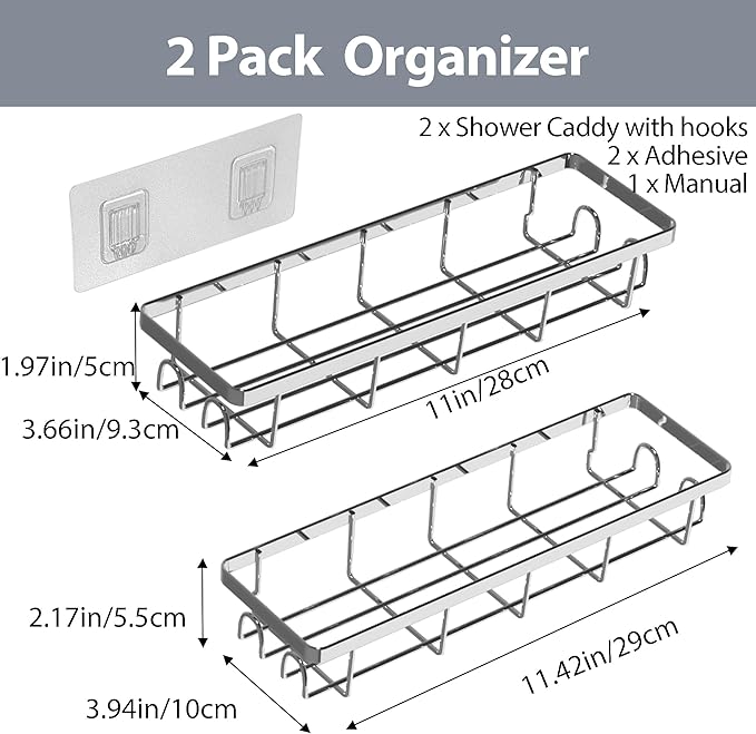 Shower Caddy Organizer with Hooks,Self Adhesive Bathroom Shelves,No Drilling Bathroom Organizers and Storage,Perfect for RV, Apartment, Home Decor,2 Pack Silvery