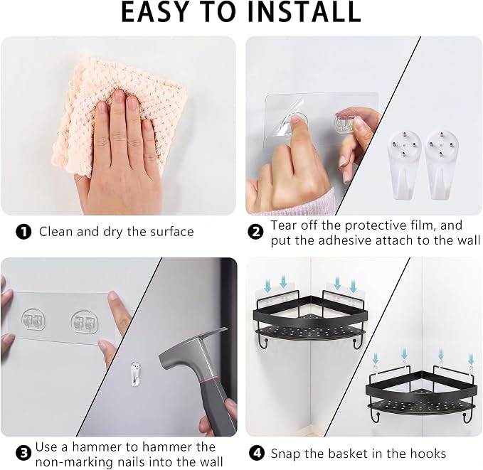 Corner Shower Shelves, 2-Tier Black Shower Candy with 4 Hooks, Stainless Steel Bathroom Shower Organizers, Wall Mounted Caddy Shelves No Drilling with Adhesive, Triangle Storage Shelf for Toilet
