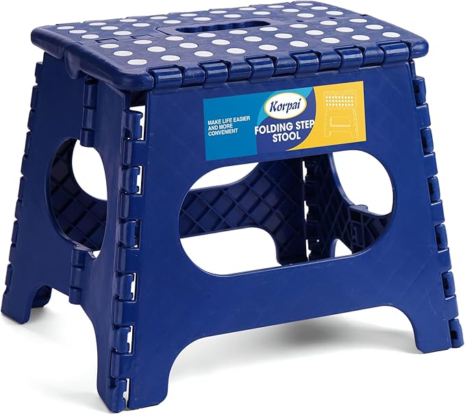 Korpai 11" Folding Step Stool for Adults and Kids Holds Up to 300 lbs,Non-Slip Folding Stools with Portable Handle, Compact Plastic Foldable Step Stool for Bathroom,Bedroom, Kitchen Royal Blue,1PC