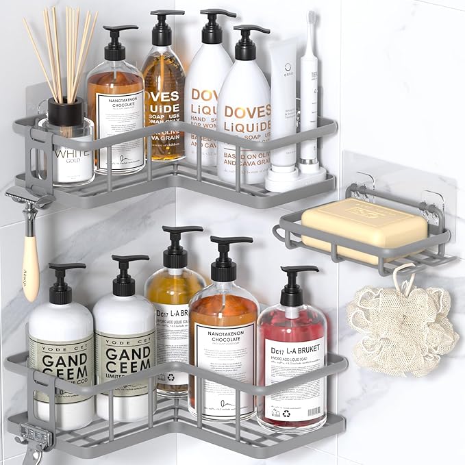YASONIC Corner Shower Caddy Adhesive, 100% Rustproof Shower Organizer with Soap Holder, No Drill Shower Shelf for Inside Shower, Wall-Mounted Shower Storage for Homes (3 Pack, Grey)