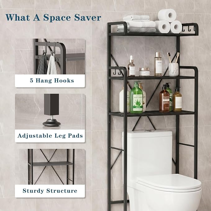 Over The Toilet Storage Cabinet, 3-Tier Bathroom Organizers and Storage with Hooks, Freestanding Shelf Toilet Rack, Small Bathroom Laundry Space Saver with Towel Rack & Toilet Paper Holder(Black)