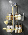 Adjustable Hanging Shower Caddy for Handheld Showerhead, Rustproof Aluminum Over Shower Head Organizer, Renter-Friendly No-Swing Storage for Tall Bottles & Soap, 2-Tier, Gold