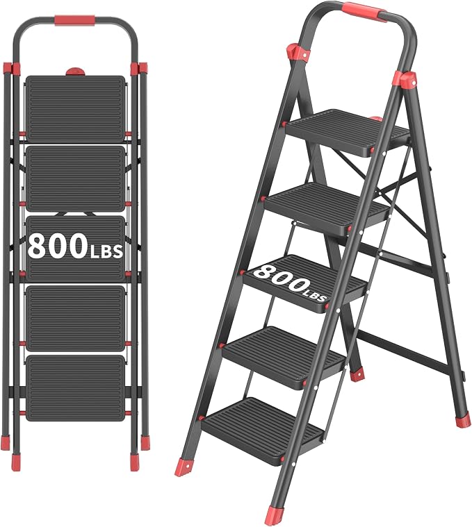 DIAMONDFORGE 800lbs Foldable Step Ladder Stool with Handle, Anti-Slip Wide Pedals & Feet, 5-Step Capacity, Sturdy Stepstool Folding for Adults in Home & Kitchen Use - Black