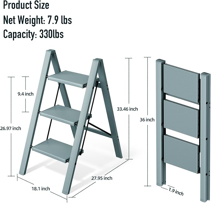 Mayi Plus 3 Step Ladder,Aluminum Folding Step Stool for Adults,Step Ladder with Wide Anti-Slip Pedal,330 lbs Capacity for Home,Office,Kitchen,Library(Blue)