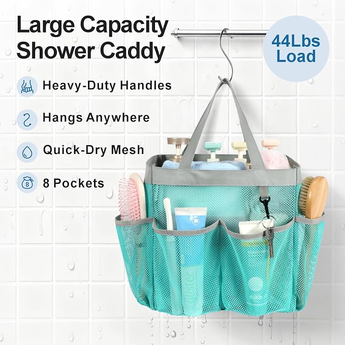 F-color Mesh Shower Caddy Portable - 2 Handles Upgrade Deeper 7 Pockets Basket Bag Tote for College Dorm Room Toiletry Bathroom Essentials Gym Camp Quick Dry with S Hook, 2 Pack Mint Green