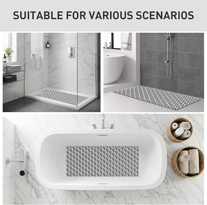 XIYUNTE Shower Mat Non Slip Bathtub Mat - 36 x 16Inches Soft Rubber Bath Mat for Tub Non Slip Bath Mat with Suction Cups and Drain Holes, Easy to Clean, Easy to Cut, Eco-Friendly, Dark Grey