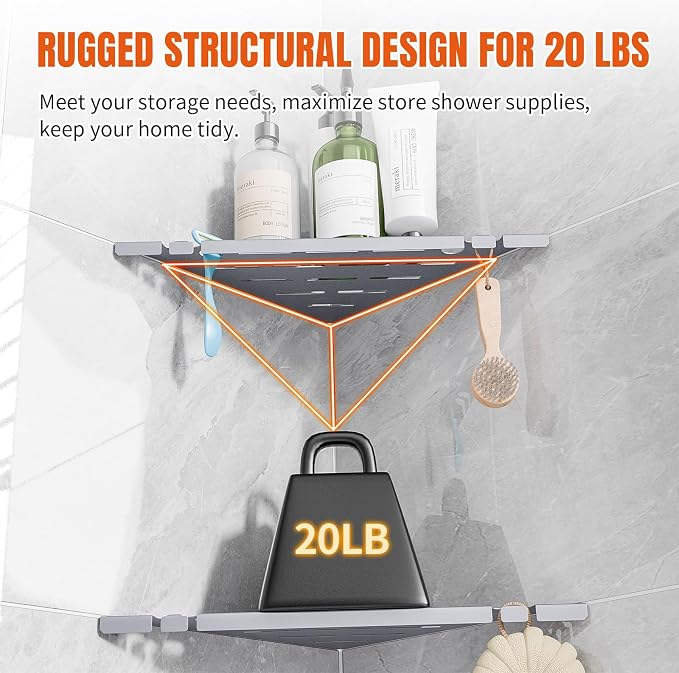 Shower Corner Shelf Organizer Rack with Hooks & Razor Hole, No Drilling Tile Shower Shelves, Rustproof Stainless Steel Bathroom Shelves Basket, Modern Corner Shelf for Bathroom, 2Pack-Silver