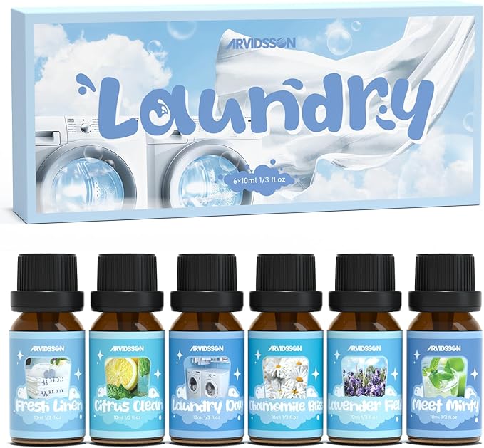 ARVIDSSON Laundry Collection Essential Oil Set, Natural Clean Essential Oils for Diffuser, Use with Wool Dryer Balls - Fresh Linen, Citrus Clean, Laundry Day, Chamomile Bliss, Lavender Field, Minty