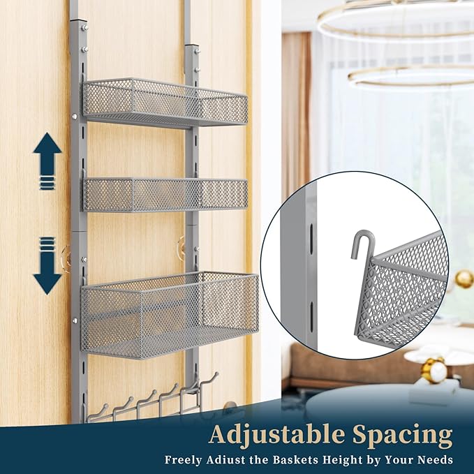 Consumest Over The Door Hooks Organizer - 4 Tier Door Coat Rack with 3 Baskets & 12 Hooks, Stainless Steel Towel Hanger for Bedroom, Bathroom, Living Room, Silver