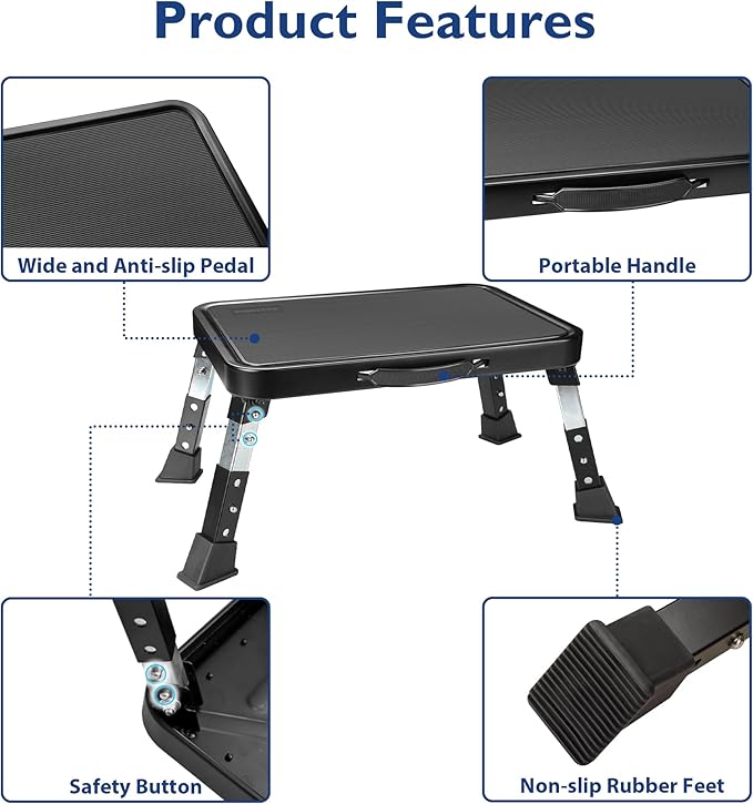BONTEC Folding Step Stool, 3-Level Adjustable Metal Step Stool with Anti-Slip Pedal and Locking Legs, 330lbs Heavy Duty Folding Foot Stool, Portable Stepping Stool for Kids, Kitchen, Home, Office