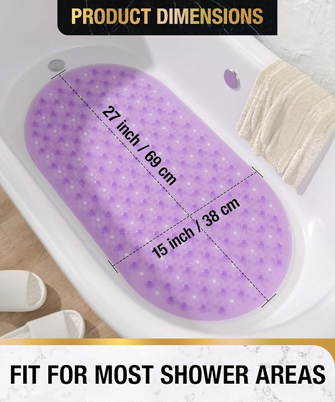 HITSLAM Oval Bathtub Mat Non Slip, 27x15 Inch Bubble Bath Tub Mat for Bathroom, Machine Washable Shower Mat with Suction Cups and Drain Holes, Purple