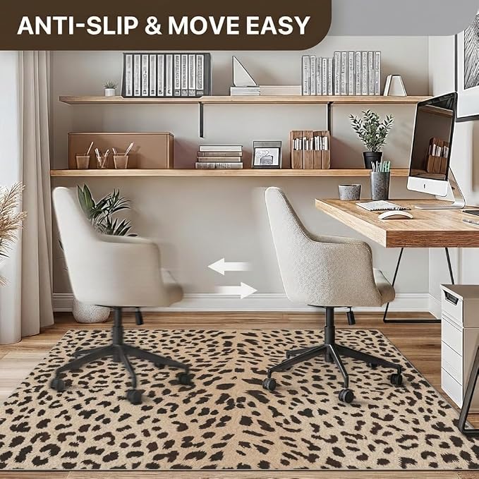 48"x72" Office Chair Mat for Hardwood Tile Floor, Under Desk Carpet Protector for Rolling Computer Chair Mat, Machine Washable Area Rug, Anti-Slip 1/5" Thick Low Pile Thin Vinyl Floor Mat, Leopard