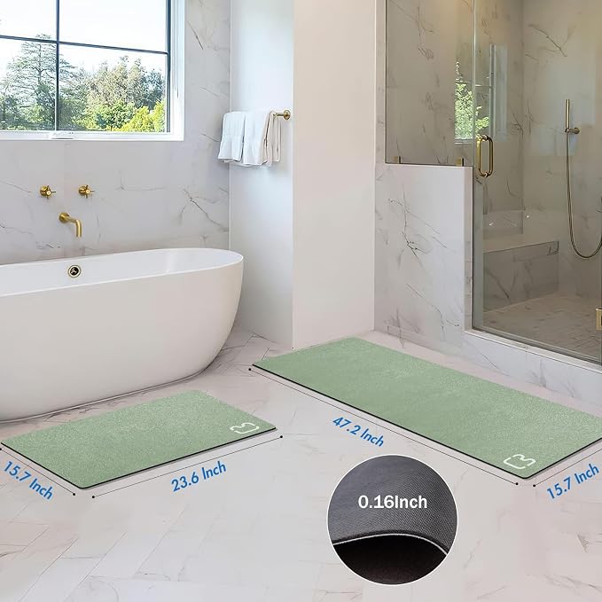 2 Piece Bathroom Rugs Mat Set - Quick Dry Diatomaceous Earth Bath Mat for Bathroom Non-Slip Bath Rug with Rubber Backing, Absorbent Bath Mats Thin Bath Floor Mat,15.7x23.6+15.7x47.2 Inch, Sage Green