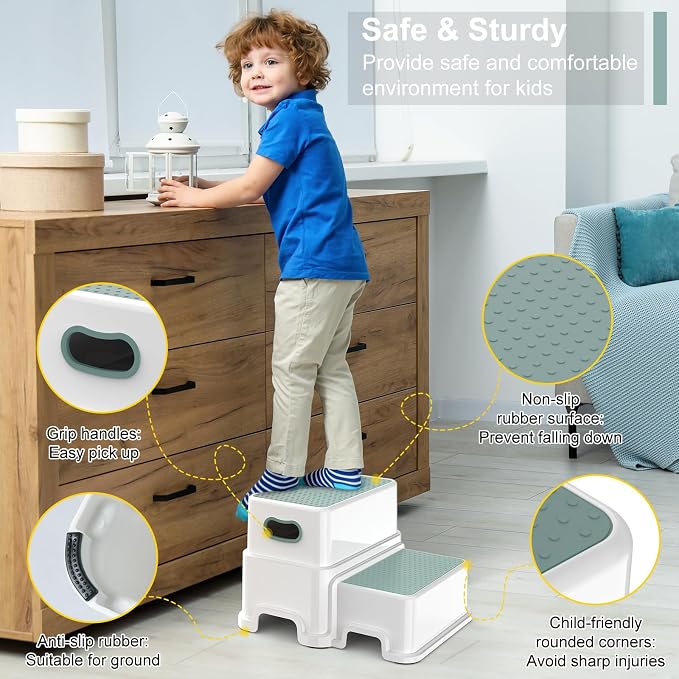 Victostar Toddler Step Stool,2 Kids Step Stool for Bathroom Sink,Baby Potty Stool with Anti-Slip Surface and Rubber Bottom,Plastic Stool with Handle for Toilet Potty Training Bathroom Kitchen