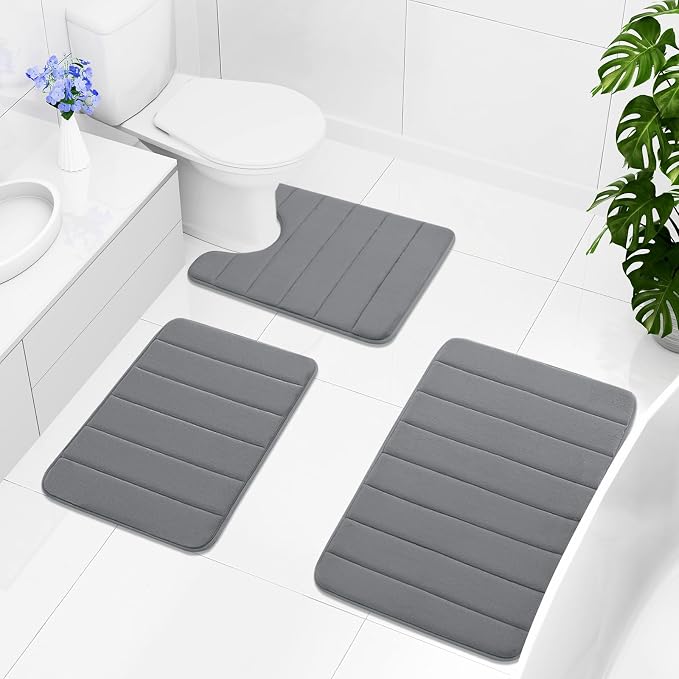 Buganda Memory Foam U-Shaped Contour Toilet Rugs, Non Slip Absorbent, Thick Soft Washable Bathroom Mat, Floor Carpet Bath Rugs Mat for Toilet Base (20" x 20", Grey)