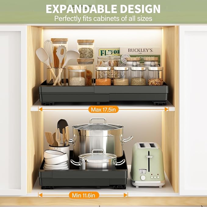 2 Pack Pull Out Cabinet Organizers Expandable (11.6''-17.5''), Plastic Slide Out Drawers for Kitchen, Bathroom, Pantry, Under Sink Storage, Pull Out Drawers Fixed with Adhesive Nano Film (Black)