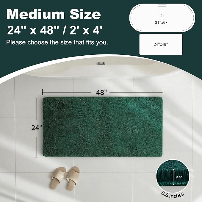 TYUU Bathroom Rugs Non Slip Washable, Ultra Soft Super Absorbent Quick Dry Small Bath Mat with Rubber Backing for Bathroom Floor, Shower, or Sink, Dark Green 24" x 48"