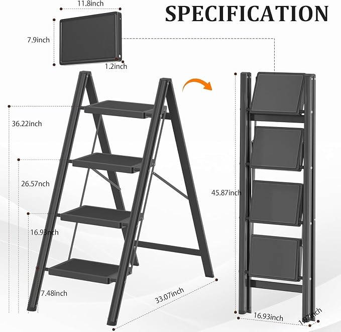 DIAMONDFORGE 4 Step Ladder, Folding Step Stool & Collapsible Stool for Kitchen, 330lbs Capacity with Wide Anti-Slip Pedal & Feet, Sturdy Steel Step Ladder for Home and Office, Black