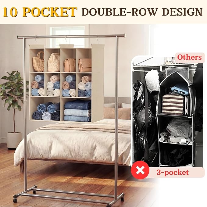 Ofiray-home 3 Tier Hanging Closet Organizer, 10 Compartments Sweater Organizer for Closet with 3 Sturdy Hooks, Closet Organizers and Storage, Wardrobe, Rv, Garment Rack, Beige