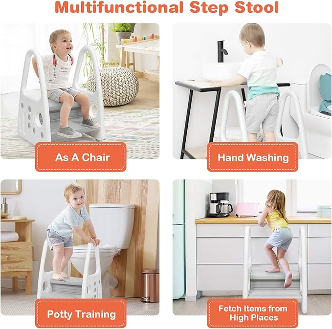 Costzon Kids Step Stool, Toddler Step Ladder for Toilet Potty Training, Kitchen Counter, Bathroom, Two Step Tower w/Non-Slip Design, Safety Handles, 110 Lbs Weight Capacity (Grey)