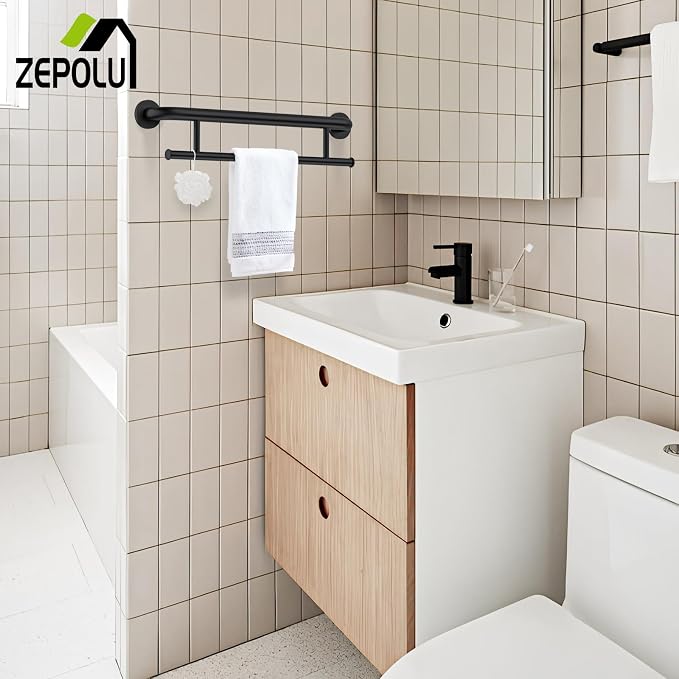 Black Towel Grab Bar 24 Inch - 1.25” Diameter, Zepolu Stainless Steel Safety Bar w/Towel Holder for Bathroom, Shower Assist Balanced Support Handle, Wall Mounted Towel Rack for Senior Elderly Handicap