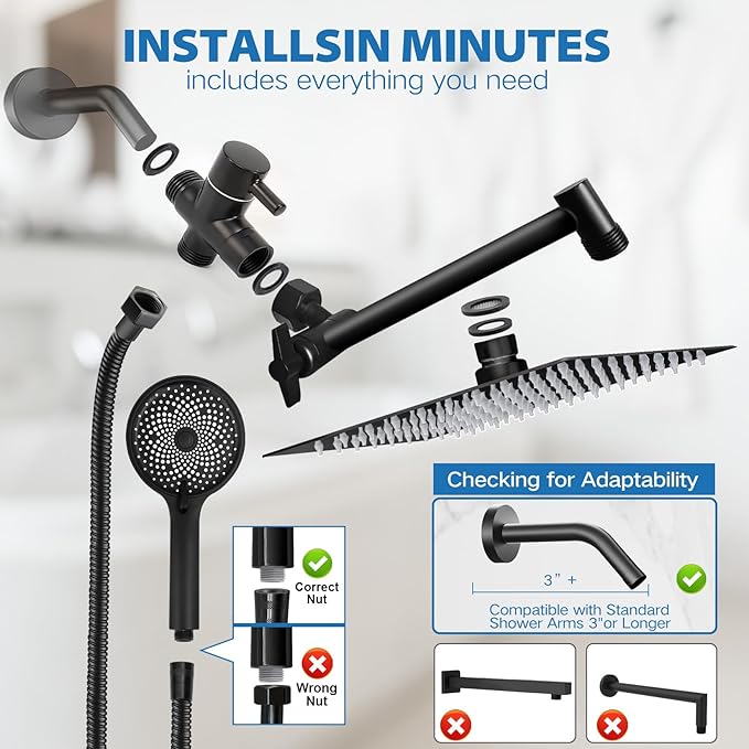 Shower Head,12”Rain Shower Head with Handheld Spray Combo and Adjustable Extension Arm/Shower System,High Pressure Rain Fall Hose,Chrome