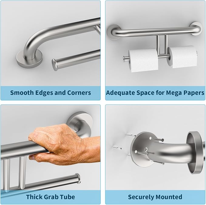 Grab Bar w/Double Toilet Paper Roll Holder Brushed Nickel, iHansee Stainless Steel Shower Support Balanced Support Handle, Wall Mounted Safety Handrail Grab Rail for Elderly Senior Handicap Disabled