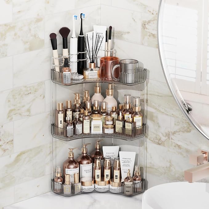 Asayuee 3-Tier Corner Bathroom Counter Organizer with Top Toothbrush Holders,Large Makeup Organizer Countertop with Brush Holder,Skincare Organizers Corner,Exquisite Vanity Organizer (Gray, 3 Tier)