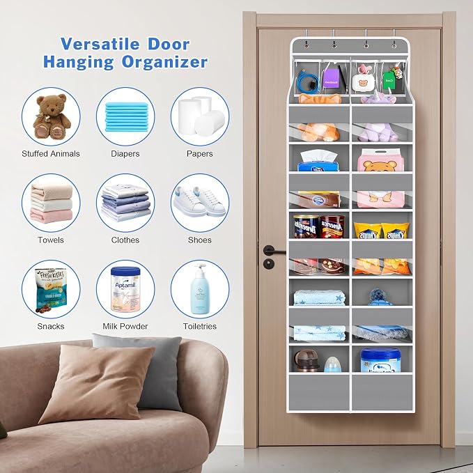 Univivi 6-Shelf Over Door Hanging Organizer Fabric Door Organizer with 10 Deep Pockets and 4 Small PVC Pockets Hanging Storage Organizers for Baby Nursery(Grey)