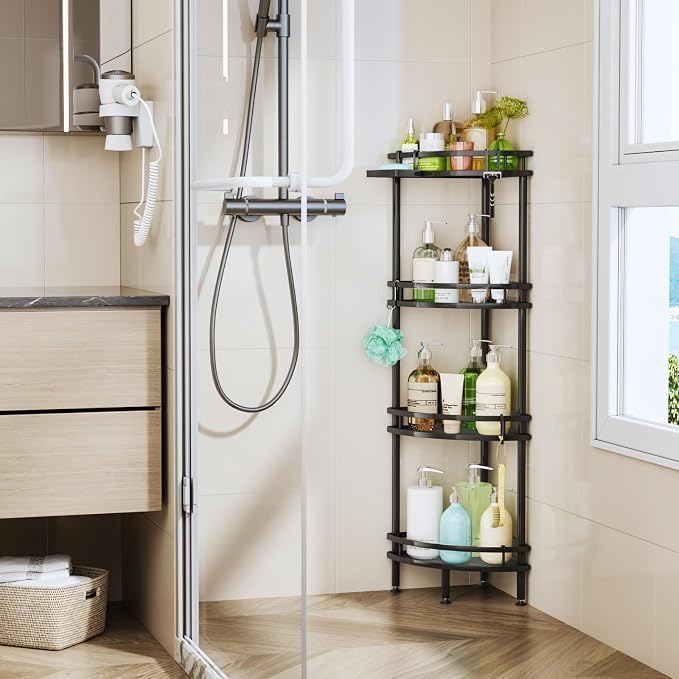 HapiRm Standing Corner Shower Caddy - 4 Tier Shower Organizer Corner with Soap Holder and 4 Hooks, Rustproof Bathroom Storage Shelves with Adhesives, Black