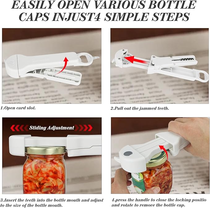Jar Opener for Seniors with Arthritis, 7 in 1 Bottle Opener and Wine Corkscrew, Easy Grip Kitchen Gadget for Weak Hands Elderly, Retractable Jaw Lid Opener with Magnetic Storage (White)