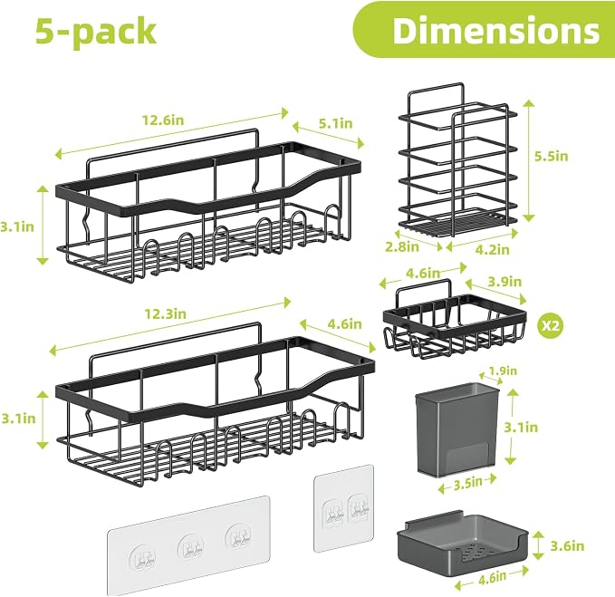 Simple Trending Adhesive Shower Caddy, 5-Pack Large Capacity Shower Shelves with Soap Dish Toothbrush Holder & Hooks, No Drilling Bathroom Organizer and Storage for Home Decor, Black