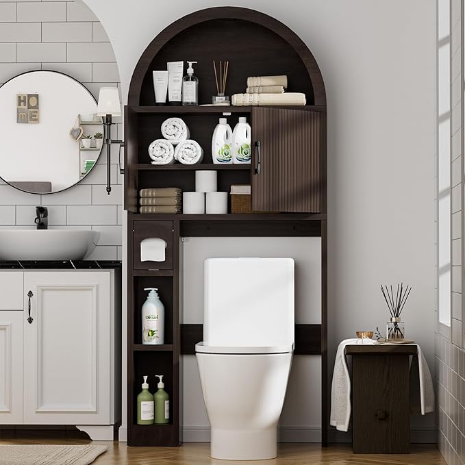 Spurgehom Over The Toilet Storage Cabinet, Bathroom Shelf Organizer Freestanding, Bathroom Arch Cabinet Over Toilet with Toilet Paper Holder and Anti-Tipping Device (Coffee)