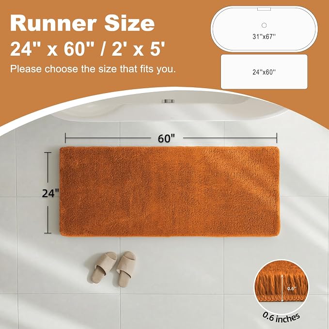 TYUU Bathroom Runner Rug, Ultra Soft Long Bath Mat Machine Washable Super Absorbent Quick Dry Bathroom Runner Rugs 24 x 60 Non Slip, Orange 24" x 60"