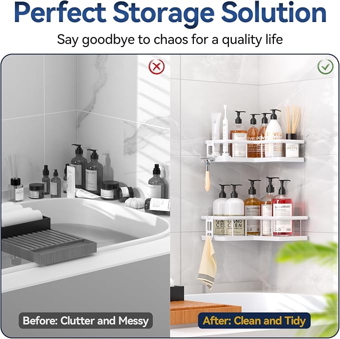 YASONIC Corner Shower Caddy Adhesive, 100% Rustproof Shower Organizer, No Drill Shower Shelf for Inside Shower, Wall-Mounted Shower Storage for Homes (2 Pack, White)