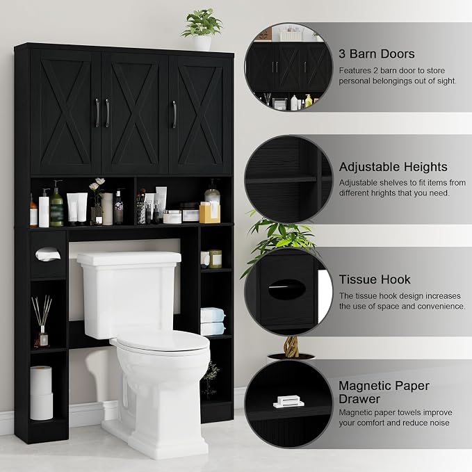 Over The Toilet Storage Cabinet, Farmhouse Toilet Cabinet Rack with 3 Barn Doors, Space Saving Bathroom Organizer with Shelves, Toilet Paper Holder and Towel Rack for Bathroom,Restroom,Laundry, Black.